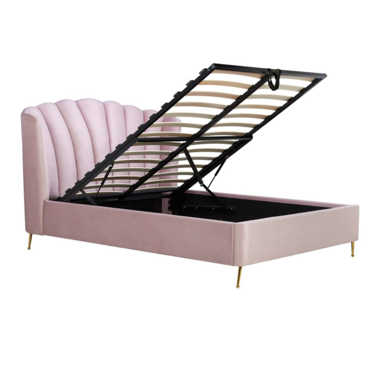 Lottie Pink Velvet Fabric Ottoman Storage Bed - Double, King - Furniture Network