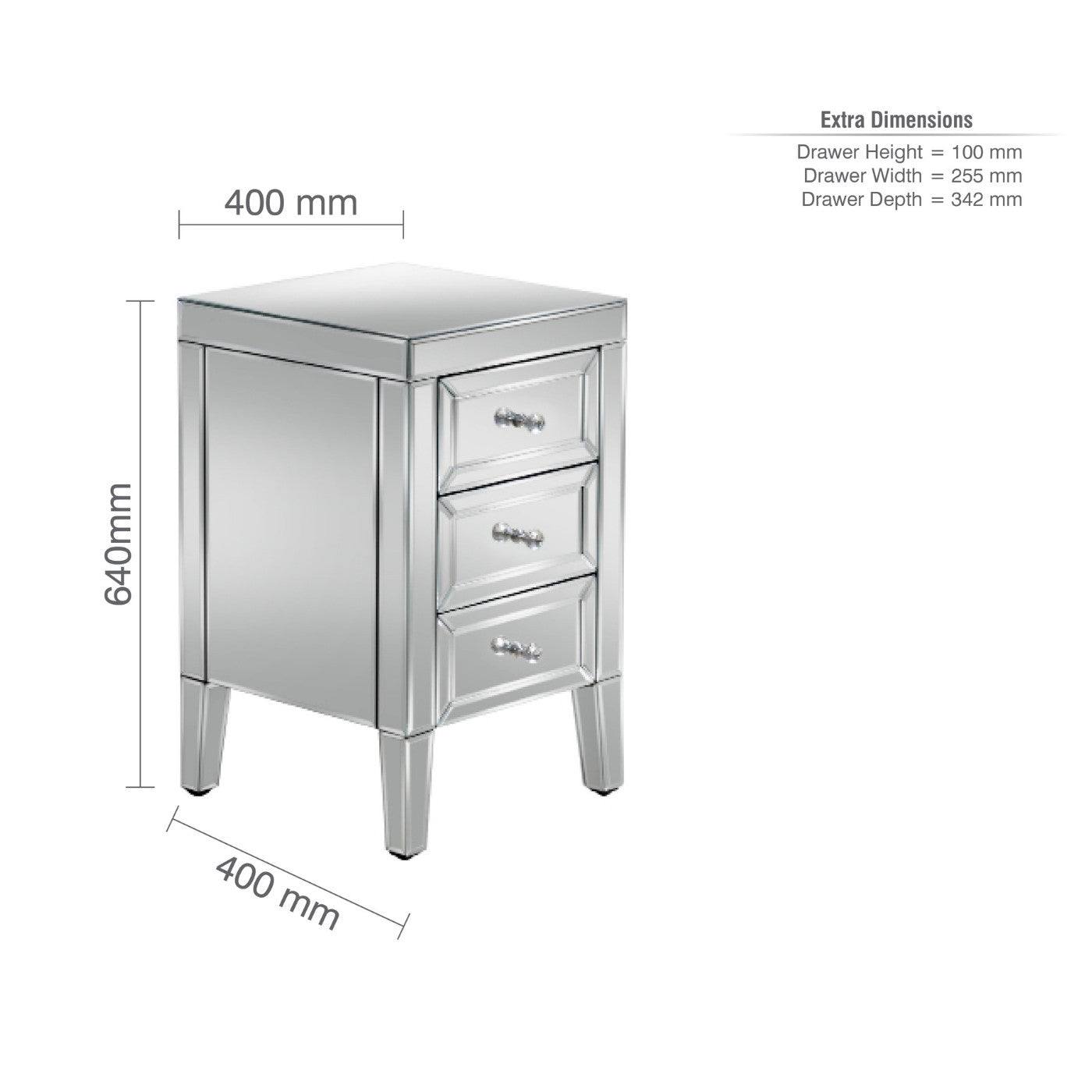 Valencia 3 Drawer Mirrored Glass Bedside - Furniture Network