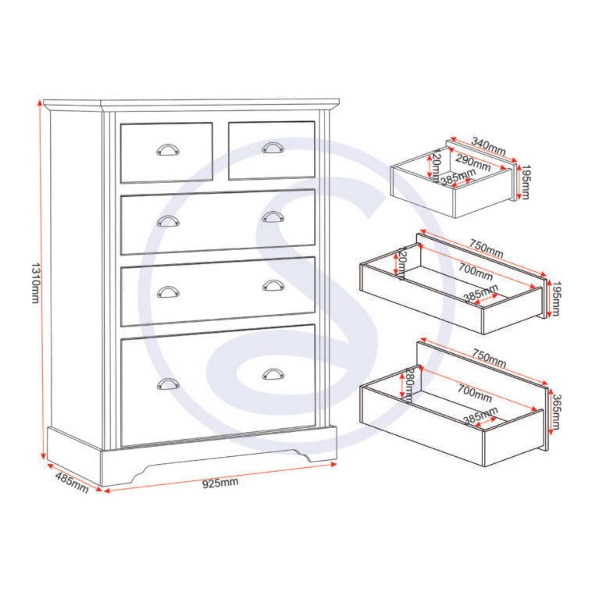 Toledo 3+2 Drawer Chest in White or Black with Oak Effect Top - Furniture Network