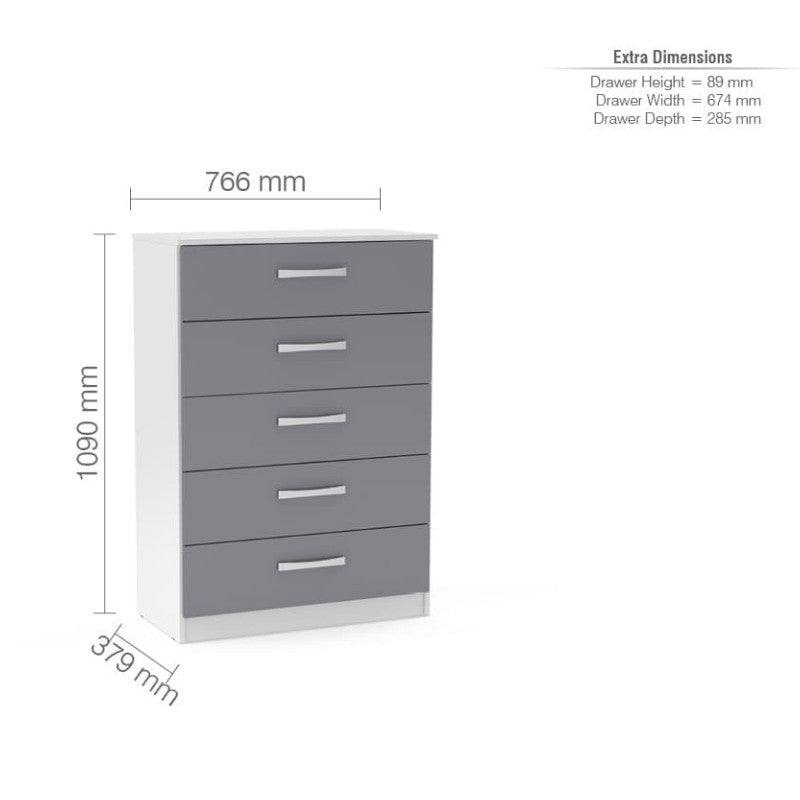 High-Gloss Lynx 5 Drawer Chest in Grey, Black, White, Brown, Silver - Furniture Network