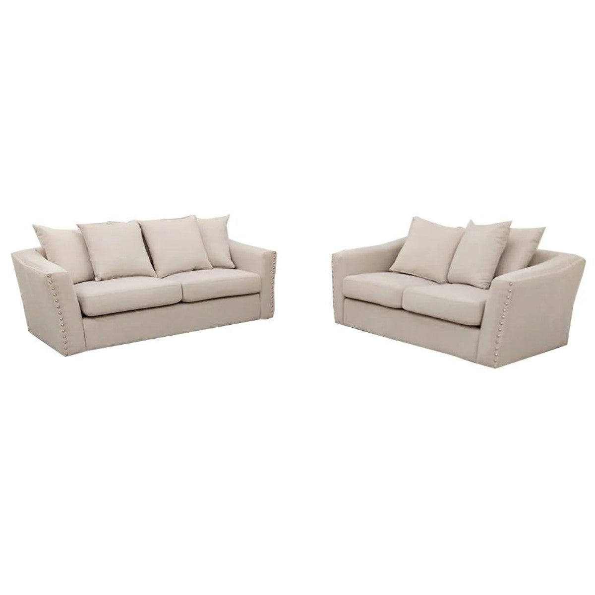 Blakely 3+2 Seater Sofa Set, Beige Fabric & Metal Studs - Furniture Network