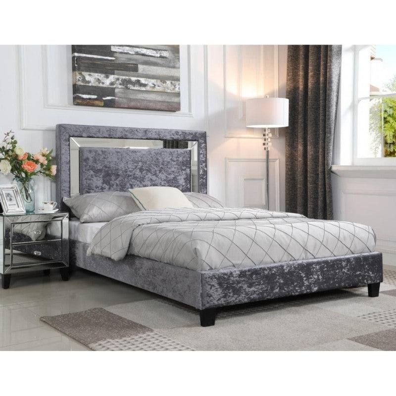 Augustina Crushed Velvet Bed Silver with Mirror - Furniture Network