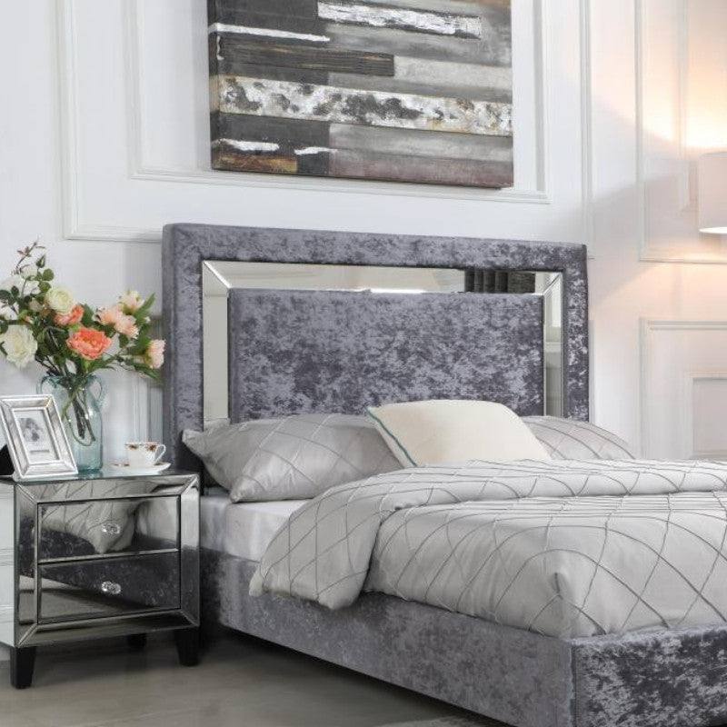 Augustina Crushed Velvet Bed Silver with Mirror - Furniture Network