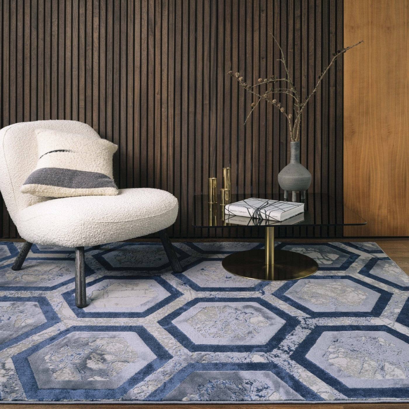 Aurora Hexagon Blue & Grey Rug - Abstract & Geometric - Furniture Network