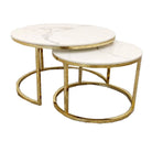 Cato Nest of 2 Short Round Gold Coffee Tables with White Stone Tops - Furniture Network