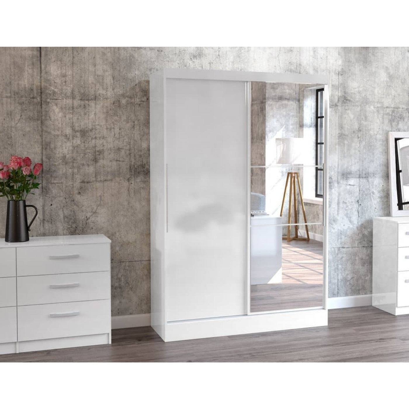 Lynx 2 Door Sliding Mirrored Wardrobe in White - Furniture Network